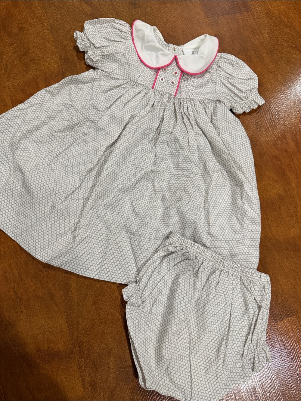 White Dot-Print Girls' Dress with Pink Trim Collar